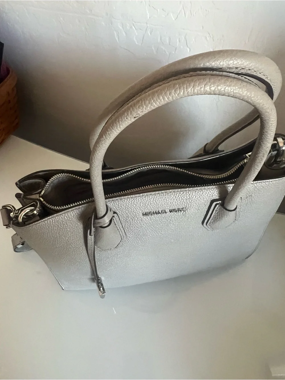 Michael Kors Metallic Silver Pebbled Leather Satchel